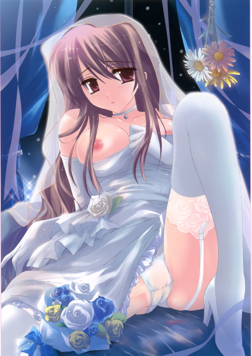 absurdres bare_shoulders bouquet breasts brown_eyes brown_hair copyright_request curtains dress elbow_gloves flower garter_straps gloves high_heels highres lace lace-trimmed_thighhighs large_breasts leaning_back long_hair matsushita_makako night nipples non-web_source panties shoes sitting solo source_request thighhighs underwear veil wedding_dress white_gloves white_legwear white_panties window
