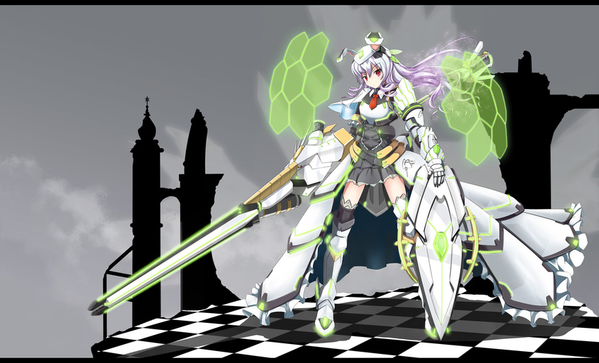 animal_ears armor bunny_ears checkered checkered_floor fatkewell gauntlets greaves highres huge_weapon long_hair looking_at_viewer marianne_wagner necktie original purple_hair red_eyes shield solo thighhighs weapon zettai_ryouiki