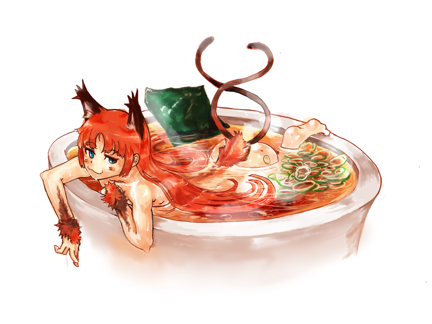 :3 alternate_hairstyle ass bad_id bad_pixiv_id barefoot bathing blush body_hair bowl food hair_down in_container kaenbyou_rin long_hair minigirl nude solo soup teke-emon touhou