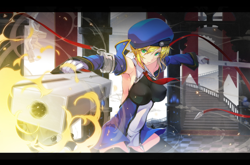 armpits ass_visible_through_thighs bare_shoulders beret black_legwear blazblue bolverk breasts checkered checkered_floor covered_nipples detached_sleeves dual_wielding firing foreshortening gloves green_eyes gun handgun hat highres holding large_breasts letterboxed looking_at_viewer necktie noel_vermillion rokunashi_hitonashi short_hair solo stairs thighhighs uniform wallpaper weapon
