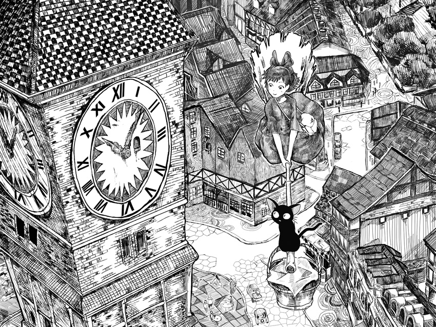 animal black_cat broom broom_riding car cat clock clock_tower greyscale ground_vehicle highres jiji_(majo_no_takkyuubin) kiki majo_no_takkyuubin monochrome motor_vehicle sketch teke-emon tower town