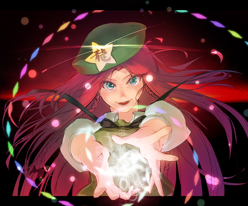 1girl aqua_eyes beret colorful energy_ball hat hong_meiling long_hair open_mouth red_hair smile solo touhou