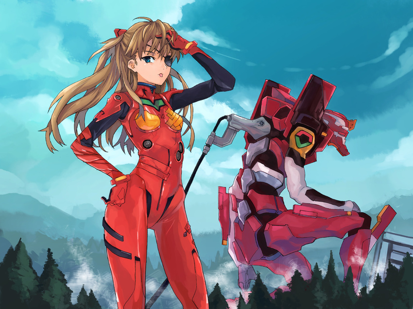 :p bad_id bad_pixiv_id bangs blue_eyes blue_sky bodysuit bracer breasts brown_hair building cable closed_mouth cloud cloudy_sky contrapposto cowboy_shot day eva_02 evangelion:_3.0_you_can_(not)_redo eyepatch forest gloves hair_between_eyes hair_tousle hand_on_hip hand_on_own_head hand_up headgear hips horizon kno1 legs_apart long_hair looking_at_viewer mecha mountainous_horizon nature neon_genesis_evangelion number one_eye_covered one_knee outdoors pilot_suit plugsuit rebuild_of_evangelion red_bodysuit shikinami_asuka_langley sky small_breasts smoke solo souryuu_asuka_langley standing straight_hair tape tongue tongue_out tree two_side_up