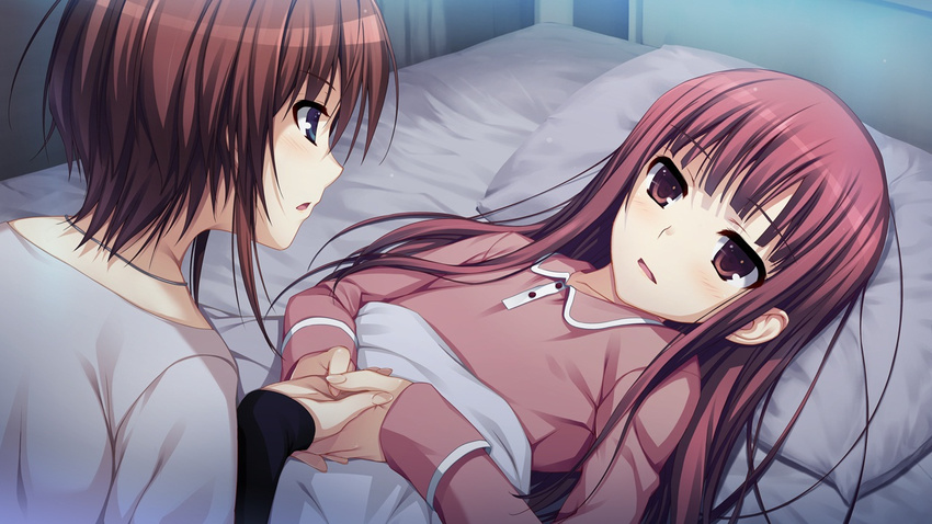 2girls bed blue_eyes brown_eyes brown_hair game_cg koi_de_wa_naku long_hair makishima_yumi pajamas red_hair short_hair tagme_(character) tomose_shunsaku