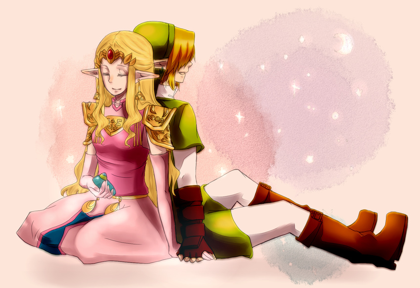 1girl back-to-back bad_id bad_pixiv_id blonde_hair closed_eyes earrings gloves highres hijiri29 holding_hands instrument jewelry link ocarina pointy_ears princess_zelda smile the_legend_of_zelda the_legend_of_zelda:_ocarina_of_time tiara