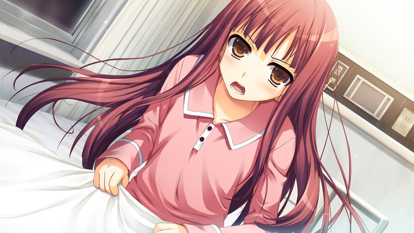 bed brown_hair game_cg koi_de_wa_naku long_hair pajamas red_hair tagme_(character) tomose_shunsaku