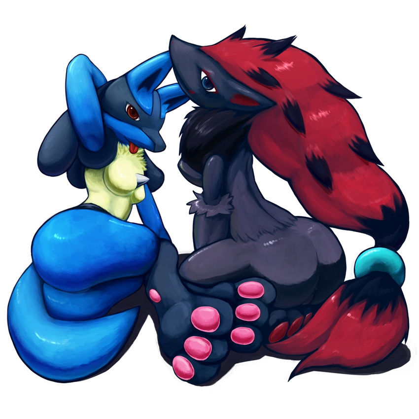 anthro blue_eyes breasts butt couple female hindpaw looking_at_viewer lucario lying nintendo pawpads paws plain_background pok&#233;mon pok&#233;morph pok&eacute;mon pok&eacute;morph red_eyes tongue tongue_out video_games zoroark