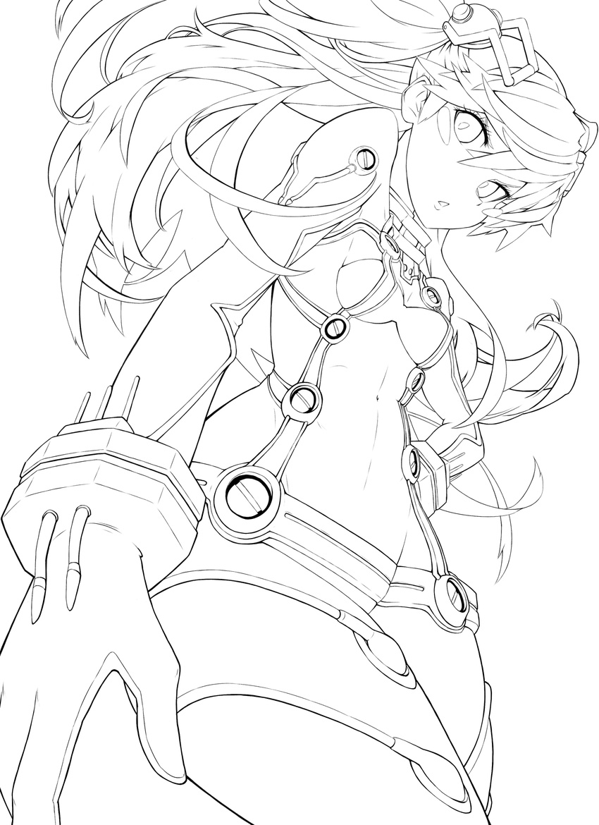 bodysuit foreshortening from_below greyscale hair_ornament highres lineart long_hair monochrome neon_genesis_evangelion open_mouth plugsuit rebuild_of_evangelion ros shikinami_asuka_langley skin_tight solo souryuu_asuka_langley test_plugsuit