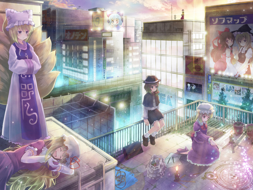 6+girls akihabara_(tokyo) bad_apple!! bag black_skirt blonde_hair blue_eyes blue_hair blue_sky blush bow bridge cirno city city_lights closed_eyes cloud contemporary detached_sleeves dress elbow_gloves flandre_scarlet fox_tail frilled_skirt frills ghost gloves green_hair grey_eyes hair_bow hair_tubes hakurei_reimu hands_in_opposite_sleeves hat hieda_no_akyuu highres holding holding_hands holding_pencil ipad izayoi_sakuya japanese_clothes katana kimi_ga_nozomu_eien kimono kirisame_marisa kneeling konpaku_youmu ladder lens_flare lights lily_white long_hair long_skirt lying magic_circle maid maribel_hearn miniskirt multiple_girls multiple_tails niichi_(komorebi-palette) on_side one_eye_closed paper pencil purple_dress purple_eyes purple_hair purple_skirt railroad_tracks real_world_location remilia_scarlet rooftop shirt sitting skirt sky skyline smile sunset sword tabard tablet_pc tail thumbs_up tokyo_(city) tongue tongue_out torii touhou tree usami_renko weapon white_dress window witch_hat yakumo_ran yakumo_yukari yawning