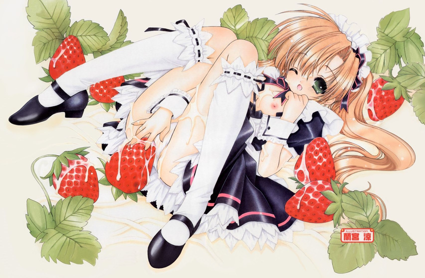 breasts brown_hair copyright_request cream food fruit highres maid minigirl nipples oversized_object ramiya_ryou sexually_suggestive small_breasts solo strawberry suggestive_fluid twintails wrist_cuffs