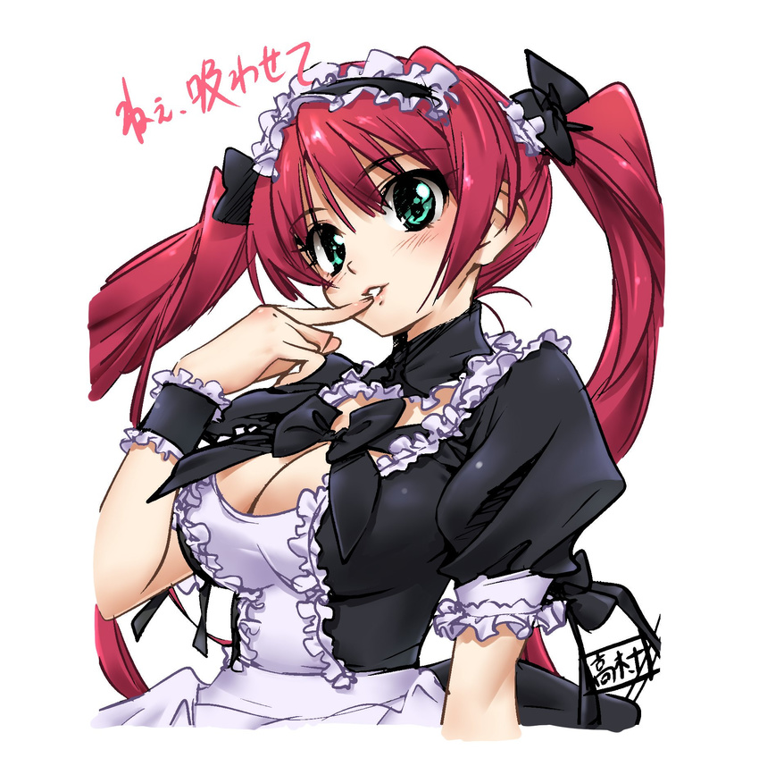 airi_(queen's_blade) blush bow breasts cleavage finger_to_mouth frills green_eyes hair_bow highres long_hair maid maid_headdress medium_breasts queen's_blade red_hair smile solo takamura_kazuhiro translated twintails wrist_cuffs