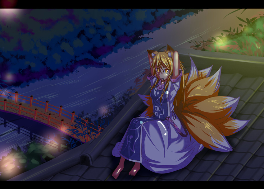 adjusting_hair alternate_hairstyle animal_ears arms_behind_head barefoot blonde_hair bridge dress fox_ears fox_tail letterboxed long_hair mouth_hold multiple_tails night no_hat no_headwear river rooftop sitting slit_pupils solo tail tamahana touhou yakumo_ran yellow_eyes