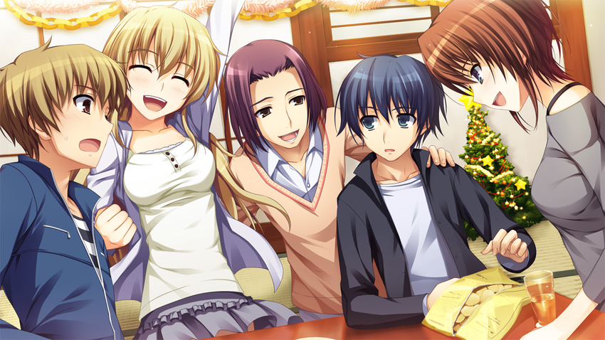 blonde_hair brown_hair food game_cg koi_de_wa_naku makishima_yumi tomose_shunsaku