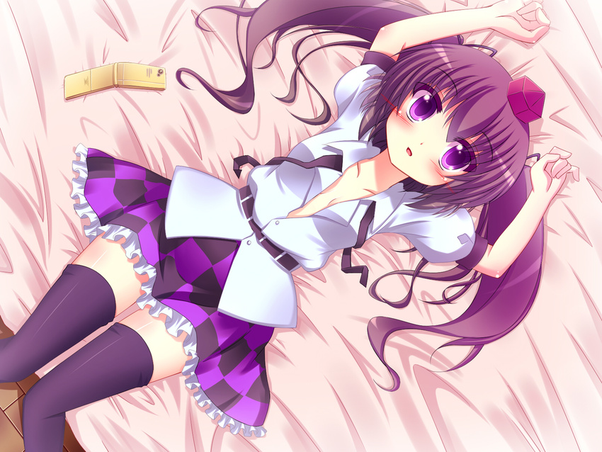 arms_up bad_id bad_pixiv_id black_legwear blush brown_hair cellphone checkered checkered_skirt frilled_skirt frills hat highres himekaidou_hatate lying miniskirt no_bra on_back on_bed open_clothes open_mouth open_shirt phone purple_eyes purple_skirt shefu shirt skirt solo thighhighs tokin_hat touhou twintails