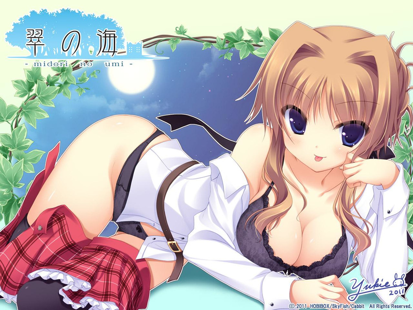 :p ass belt black_legwear black_panties blue_eyes blush bra breast_rest breasts brown_hair chin_rest chisha cleavage frilled_skirt frills hair_intakes lace lace-trimmed_bra lingerie lying medium_breasts midori_no_umi miniskirt moon off_shoulder on_side open_clothes open_skirt panties plaid plaid_skirt plant red_skirt short_hair sidelocks skirt skirt_pull sky solo star_(sky) starry_sky thighhighs tongue tongue_out underwear vines yukie_(peach_candy)