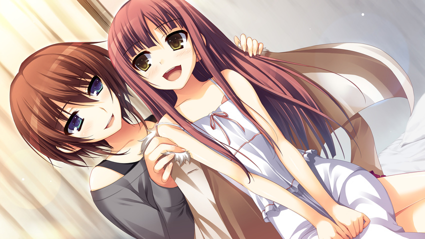 brown_hair game_cg koi_de_wa_naku long_hair makishima_yumi short_hair tagme_(character) tomose_shunsaku