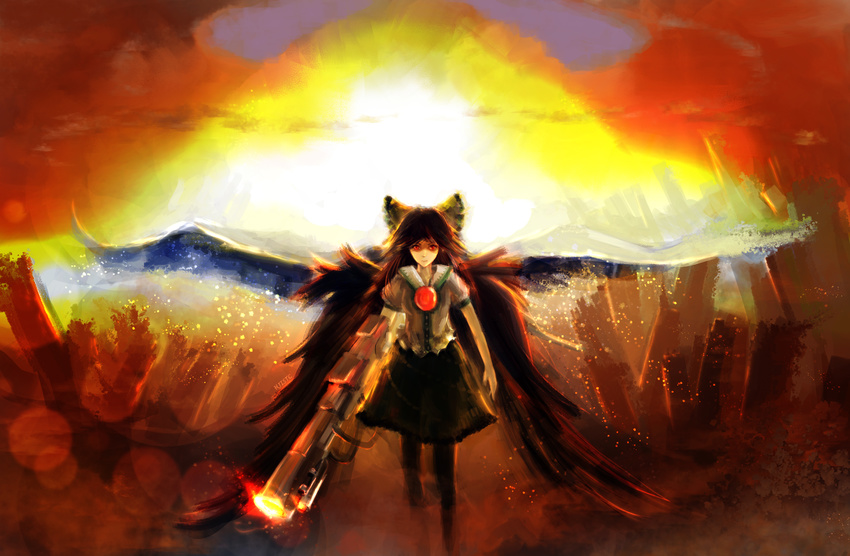 absurdres alternate_weapon arm_cannon black_hair cape explosion highres hjistc long_hair red_eyes reiuji_utsuho ribbon skirt solo touhou weapon wings