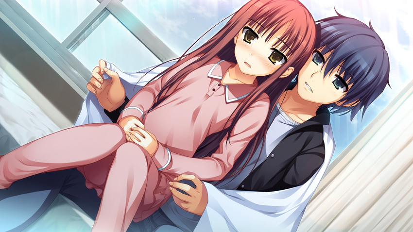 blue_eyes blue_hair blush game_cg koi_de_wa_naku long_hair male norifumi_(koi_de_wa_naku) pajamas red_hair tagme_(character) tomose_shunsaku yellow_eyes