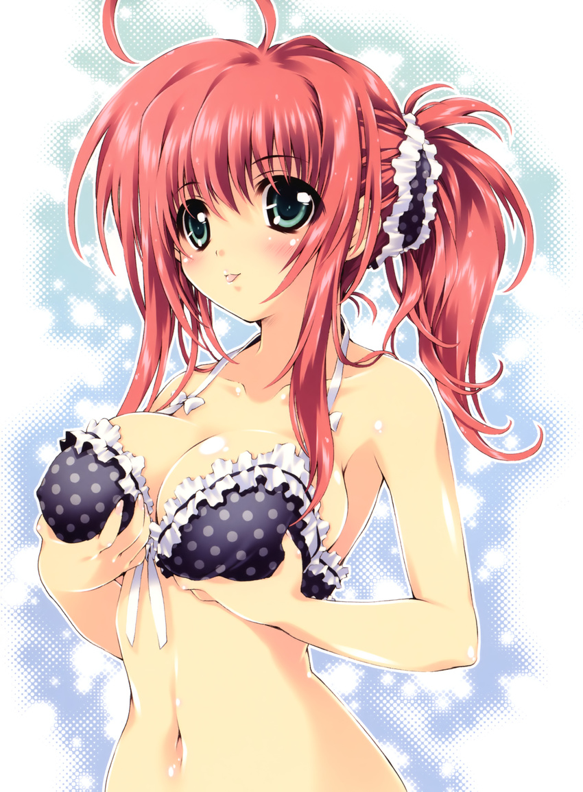 :p absurdres ahoge bare_shoulders blue_eyes blush bra breast_hold breasts collarbone copyright_request highres large_breasts lingerie mitsuki_mantarou navel polka_dot ponytail red_hair solo tongue tongue_out underwear upper_body