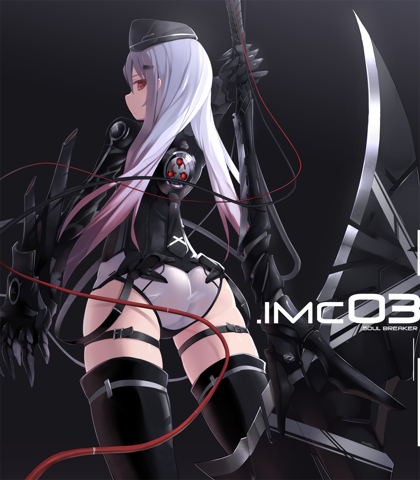 ass bad_id bad_pixiv_id black_legwear bodysuit cable from_behind garrison_cap gauntlets hair_ornament hairclip hat highres looking_back original polearm poleaxe red_eyes silver_hair simple_background solo thigh_strap thighhighs weapon zenn