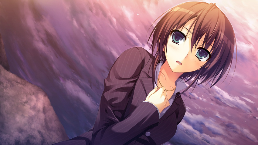 blue_eyes brown_hair clouds game_cg koi_de_wa_naku makishima_yumi short_hair sky tomose_shunsaku