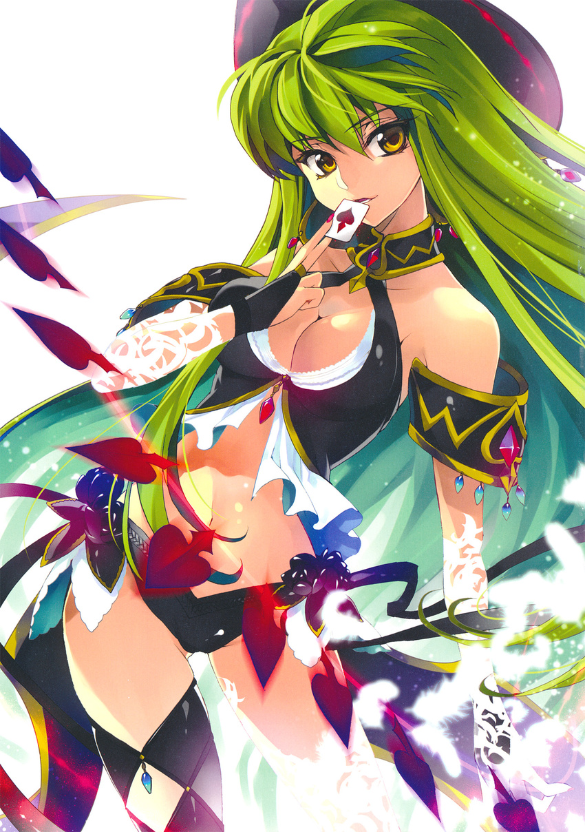 armlet breasts bridal_gauntlets c.c. card cleavage cleavage_cutout code_geass creayus green_hair halter_top halterneck hat highres holding holding_card jewelry lipstick long_hair makeup medium_breasts midriff nail_polish non-web_source playing_card solo spade_(shape) thighhighs yellow_eyes