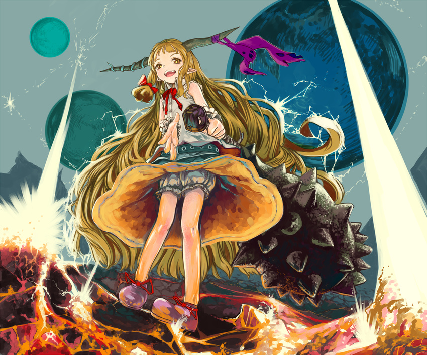 bad_id bad_tinami_id blonde_hair bloomers broken_ground dareruraito foreshortening highres horn_ribbon horns ibuki_suika long_hair mace open_mouth pointy_ears ribbon solo standing touhou underwear very_long_hair weapon yellow_eyes