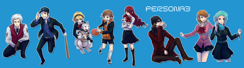 4girls aegis_(persona) amada_ken android animal aqua_hair aragaki_shinjirou beanie black_skirt blonde_hair blue_eyes bow brown_eyes brown_hair child choker dog hair_over_one_eye hat highres iori_junpei kaba-chan kirijou_mitsuru koromaru long_hair medium_skirt miniskirt multiple_boys multiple_girls one_eye_closed pantyhose persona persona_3 pleated_skirt red_eyes red_hair ribbon sanada_akihiko school_uniform skirt smile takeba_yukari trench_coat white_legwear yamagishi_fuuka