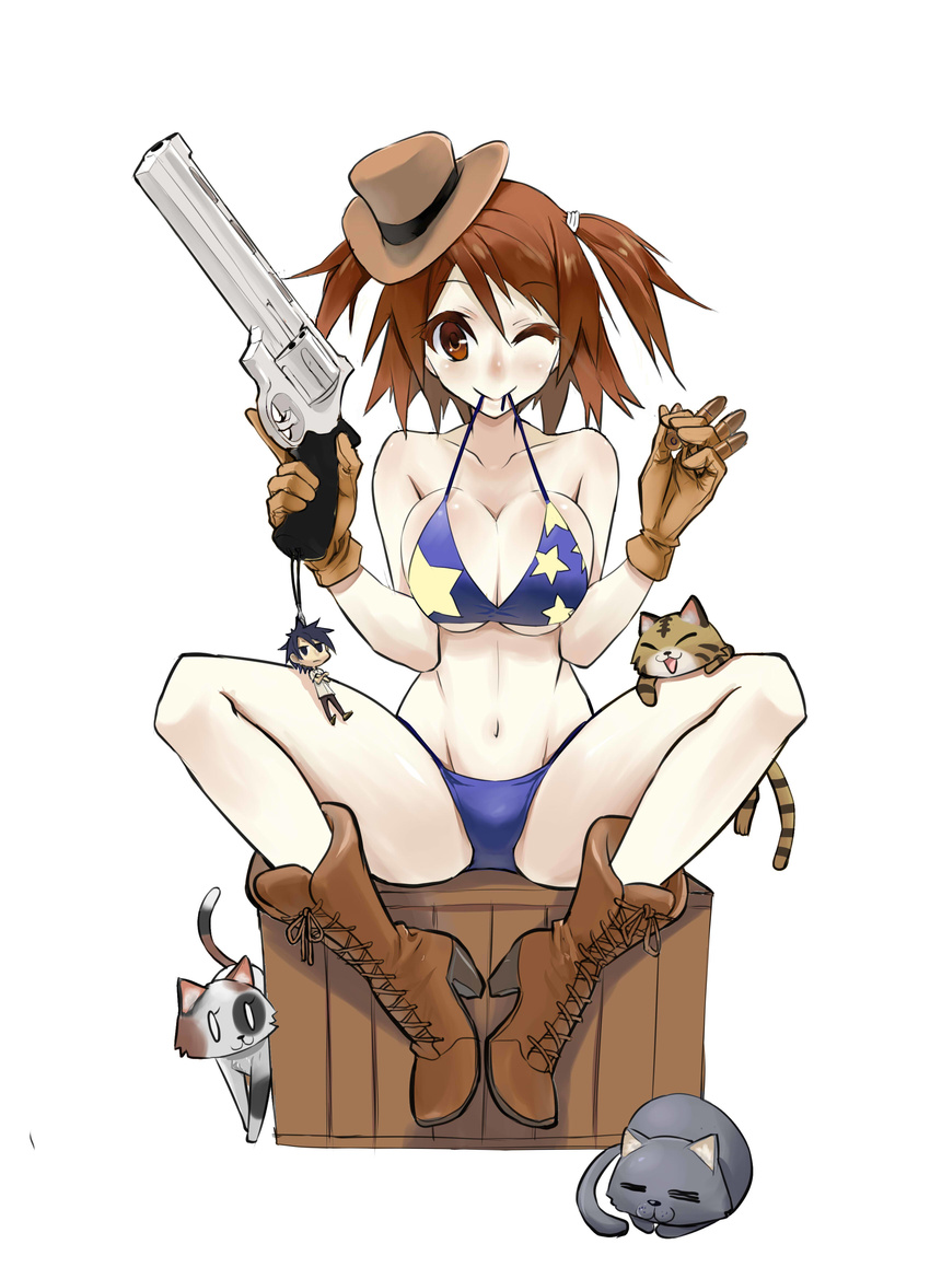 absurdres bikini boots breasts brown_eyes brown_hair bullet cat cleavage cross-laced_footwear gloves gun handgun hat highres hk33 large_breasts mouth_hold navel one_eye_closed original revolver side_ponytail solo spread_legs star star_print swimsuit trigger_discipline untied weapon