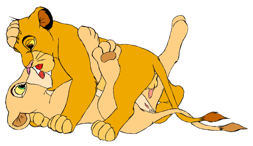 cub disney erection eye_contact eyes_open feline female feral feral_on_feral hug kinky_romance kissing lion lioness male mammal nala paws penis plain_background pussy simba straight tail the_lion_king tongue unknown_artist white_background young