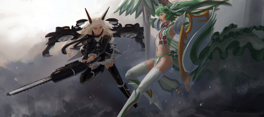 :o absurdres aerial_battle battle black_dress black_legwear black_scarf blonde_hair boots chainsaw doyora dress duel epic faux_traditional_media floating_hair frilled_dress frills gauntlets green_eyes green_hair hatsune_miku highres holding holding_weapon horns lance long_hair long_image long_sleeves looking_at_another midriff mitsudomoe_(shape) multiple_girls navel open_mouth original pelvic_curtain polearm robot_ears rubble scarf shield smile striped_sleeves thigh_boots thighhighs tomoe_(symbol) two-handed v-shaped_eyebrows vocaloid weapon white_legwear wide_image