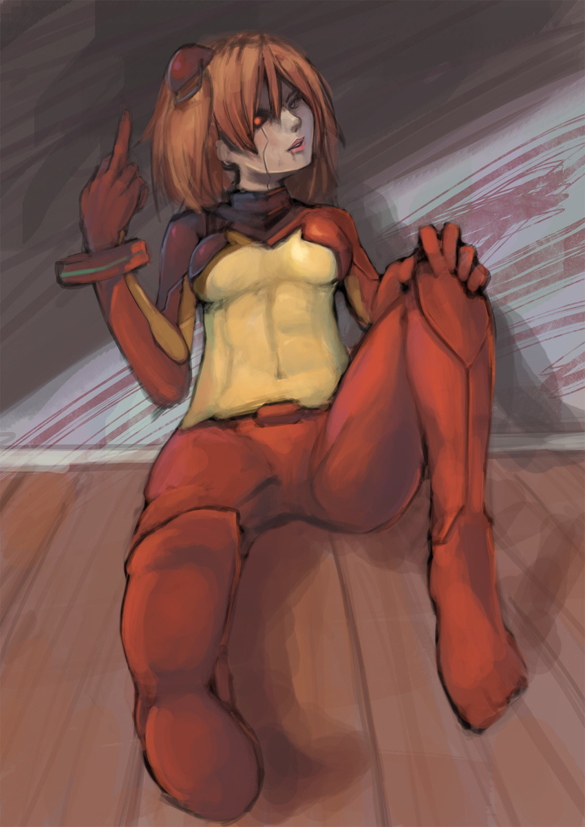 abs against_wall bodysuit evangelion:_2.0_you_can_(not)_advance glowing glowing_eye hair_ornament highres lips middle_finger multicolored multicolored_bodysuit multicolored_clothes navel neon_genesis_evangelion nose orange_bodysuit orange_hair plugsuit rebuild_of_evangelion red_bodysuit riftgarret shikinami_asuka_langley short_hair sitting solo souryuu_asuka_langley test_plugsuit