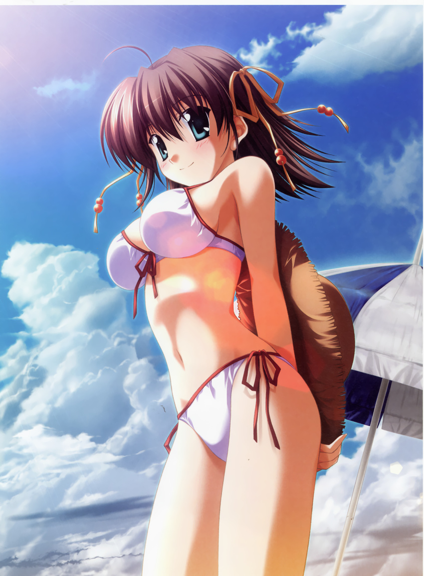 absurdres ahoge arms_behind_back bare_shoulders bikini blue_eyes blush breasts brown_hair cloud day ef from_below front-tie_top groin hair_ribbon hat highres large_breasts lens_flare light_rays looking_at_viewer looking_down miyamura_miyako nanao_naru navel parasol ribbon side-tie_bikini sky smile solo standing straw_hat sunbeam sunlight swimsuit thighs umbrella