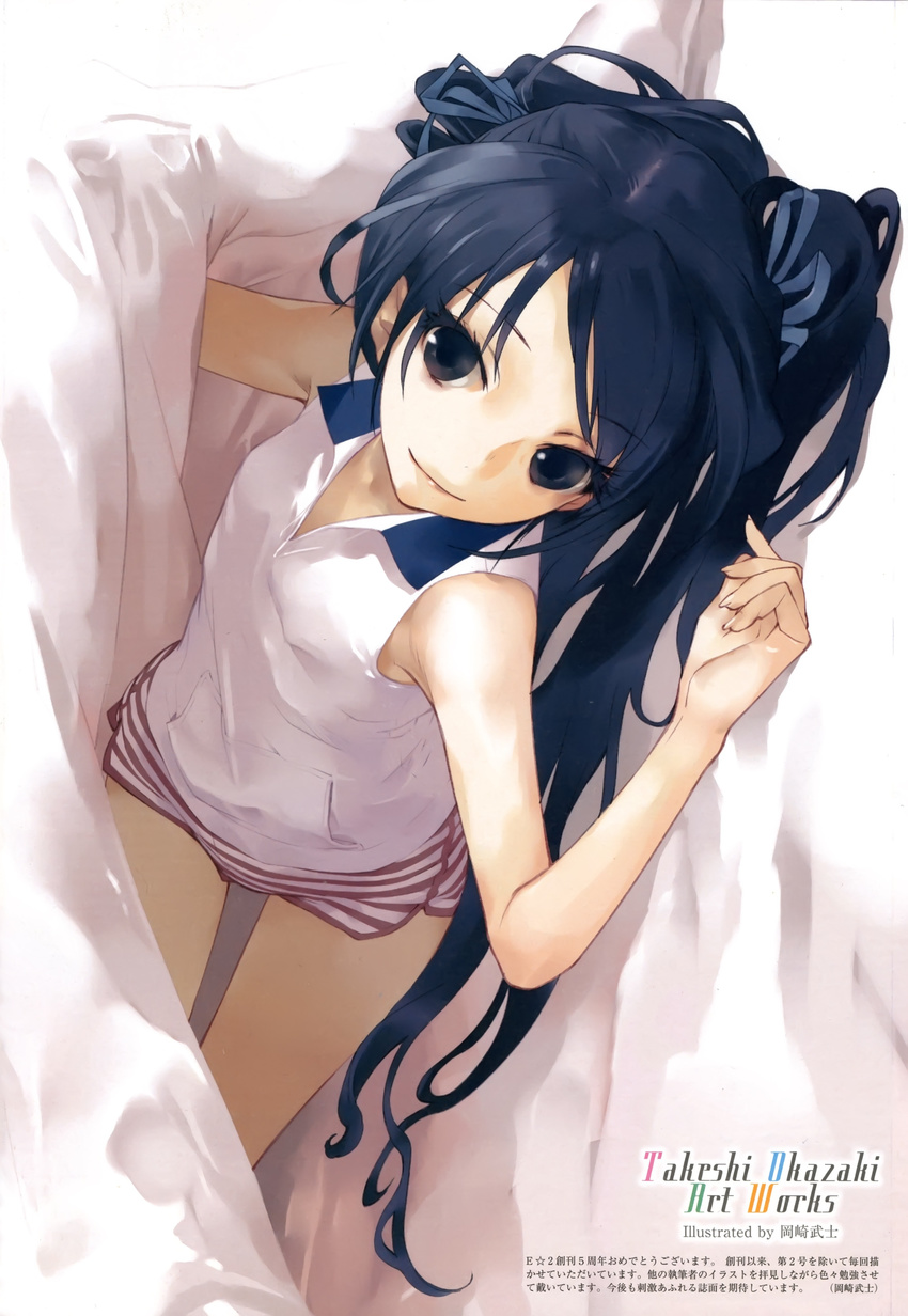 absurdres bare_shoulders black_eyes black_hair blanket breasts covered_nipples hair_ribbon highres long_hair lying no_bra okazaki_takeshi on_side original ribbon shorts small_breasts smile solo striped twintails under_covers upside-down