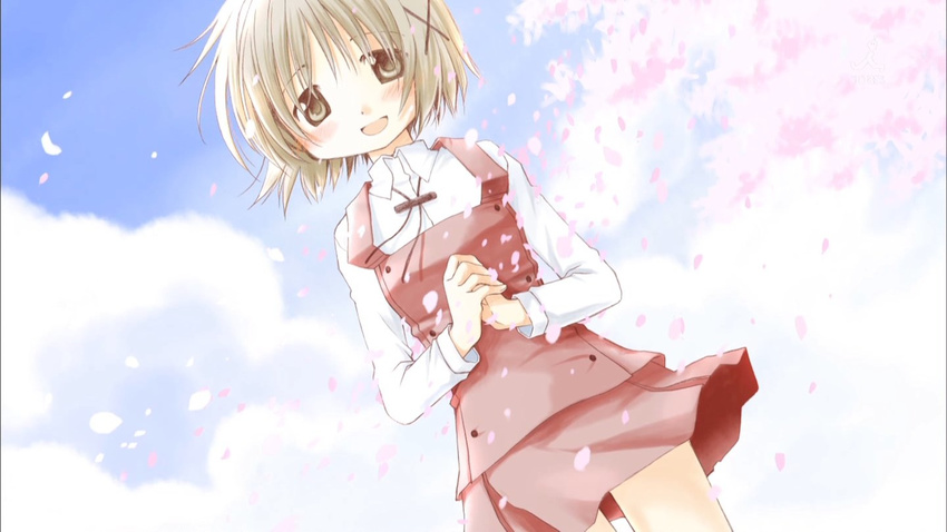 aoki_ume blue_sky blush brown_eyes brown_hair cherry_blossoms cloud day hair_ornament hairpin hands_together hidamari_sketch long_sleeves looking_at_viewer miniskirt official_art open_mouth own_hands_together red_skirt school_uniform short_hair skirt sky smile solo string_tie yuno