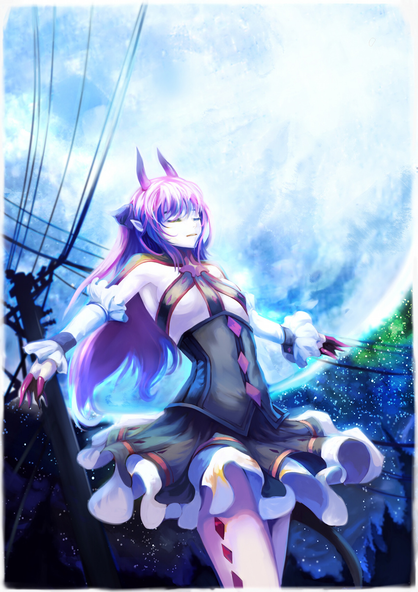 closed_eyes dress elizabeth_bathory_(fate) elizabeth_bathory_(fate)_(all) fate/extra fate/extra_ccc fate_(series) full_moon highres horns kote_(tures) long_hair moon pointy_ears purple_hair solo