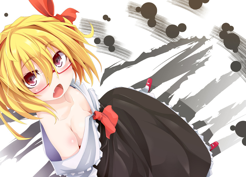ascot bare_shoulders bespectacled blonde_hair blush bow breasts cleavage downblouse dress fang foreshortening glasses hair_bow looking_at_viewer looking_up medium_breasts no_bra off_shoulder ogami_kazuki open_mouth perspective red-framed_eyewear red_eyes rumia short_hair solo touhou