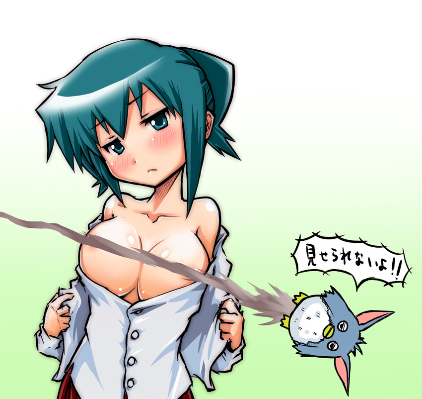 1girl blush breasts censored cleavage convenient_censoring do do_(taka) frown furby green_eyes green_hair hidamari_sketch nori open_clothes open_shirt shirt short_hair