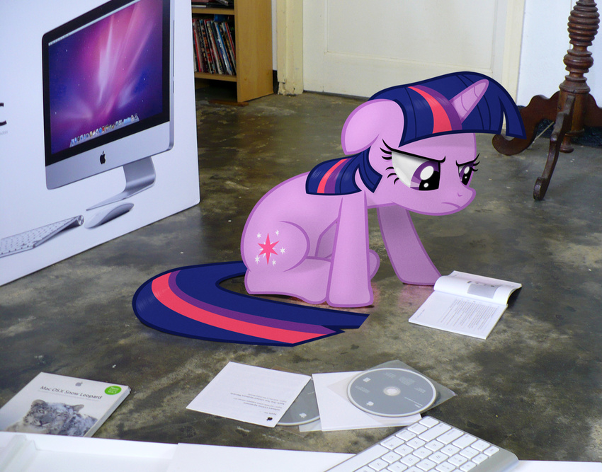 bookshelf computer cutie_mark discs door equine female feral friendship_is_magic hair horn horse keyboard keyboard_(computer) mammal mixed_media multi-colored_hair multi_colored_hair my_little_pony ponies_in_real_life pony purple_eyes real solo table twilight_sparkle_(mlp) unicorn