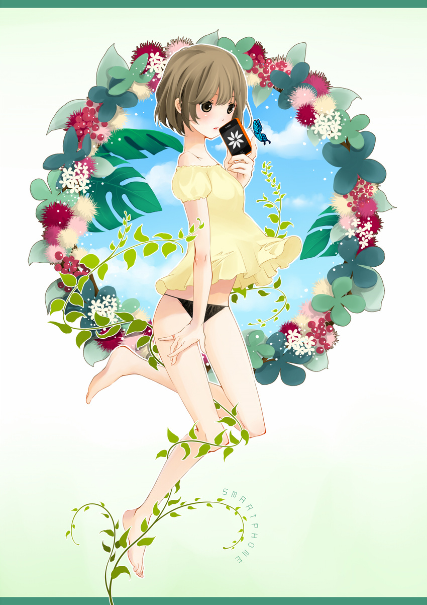 ahira_yuzu bare_shoulders barefoot blouse brown_eyes brown_hair bug butterfly cellphone hands highres insect iphone leg_up legs midriff original panties phone plant short_hair sky smartphone solo underwear vines wind wind_lift