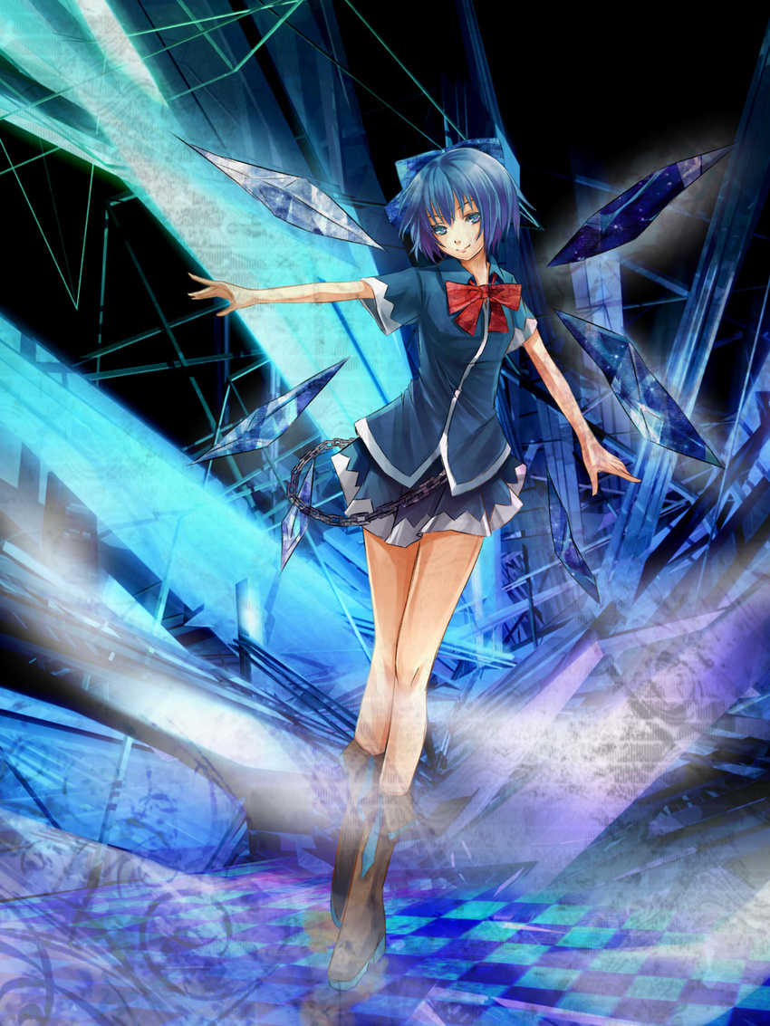 absurdres adapted_costume bare_legs blue_hair boots bow chain cirno highres ice reio_reio short_hair smile solo teenage touhou wings