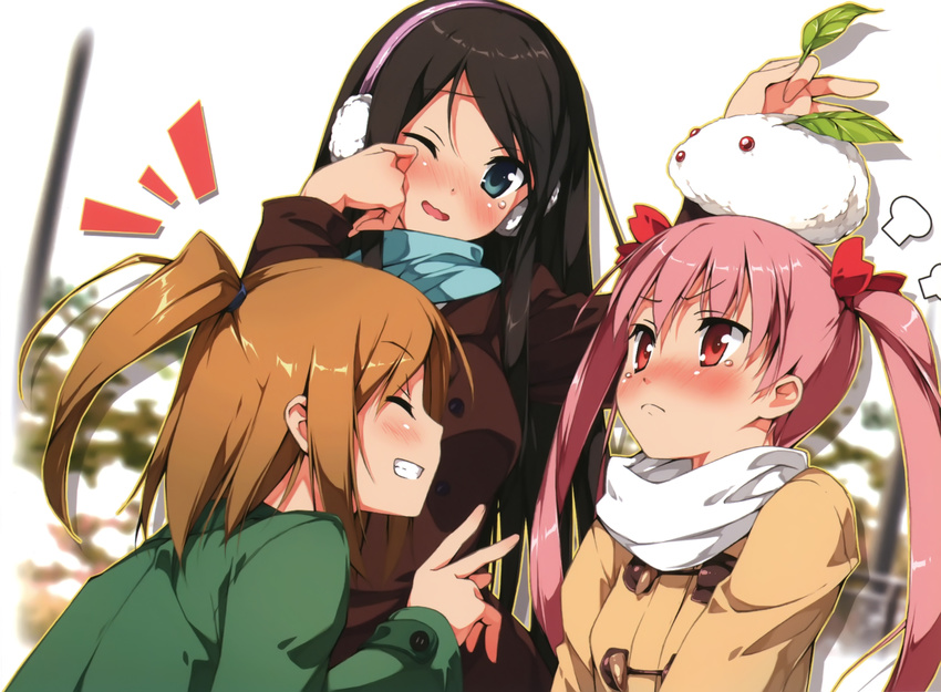 absurdres blue_eyes blush coat earmuffs hair_ribbon highres kantoku laughing leaf miyaguchi_hiromi miyaguchi_kanna miyaguchi_kei multiple_girls nose_blush on_head original red_eyes ribbon scarf smile snow snow_bunny tears twintails v