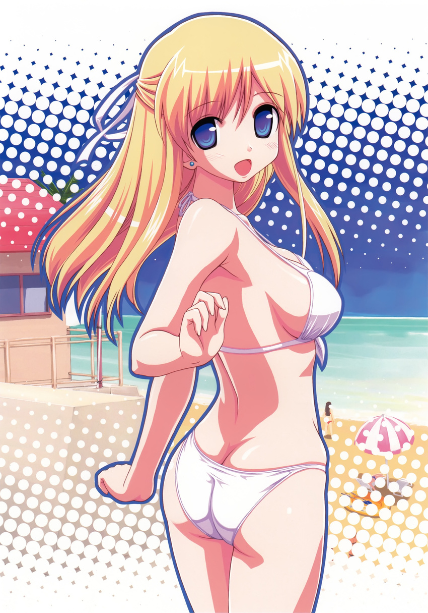:d absurdres ass bikini blonde_hair blue_eyes blush breasts butt_crack chair earrings front-tie_top hair_ribbon highres jewelry long_hair looking_back lounge_chair medium_breasts multiple_girls open_mouth original parasol ribbon sideboob skindentation smile solo_focus strap_gap swimsuit takayaki umbrella