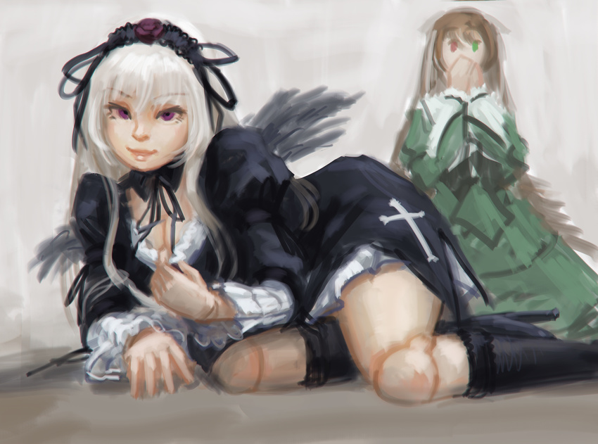 absurdres boots breasts brown_hair cleavage cleavage_reach covering_mouth doll_joints doyora frills green_eyes hairband hand_over_own_mouth heterochromia high_heels highres lolita_fashion long_hair medium_breasts multiple_girls red_eyes rozen_maiden shoes suigintou suiseiseki white_hair wings