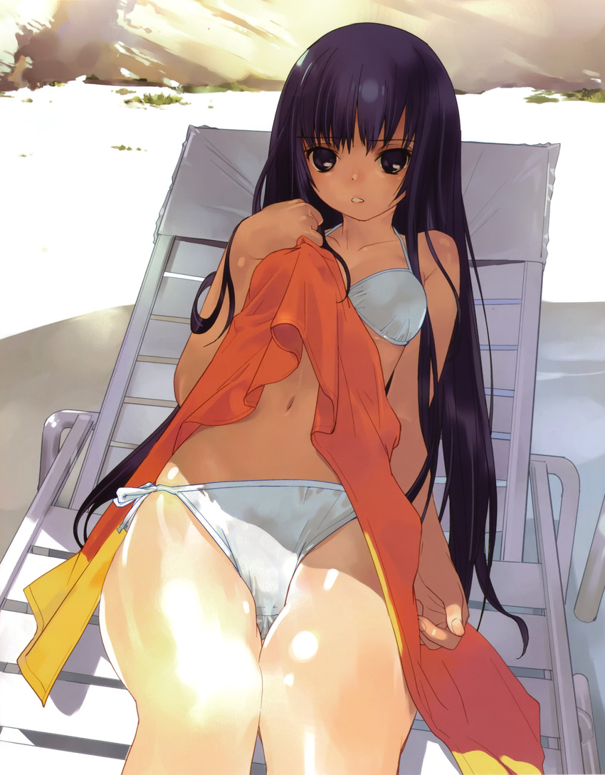 absurdres bare_shoulders bikini black_eyes black_hair chair collarbone foreshortening halterneck highres long_hair looking_at_viewer lounge_chair lying okazaki_takeshi on_back open_mouth original shade side-tie_bikini solo swimsuit towel white_bikini