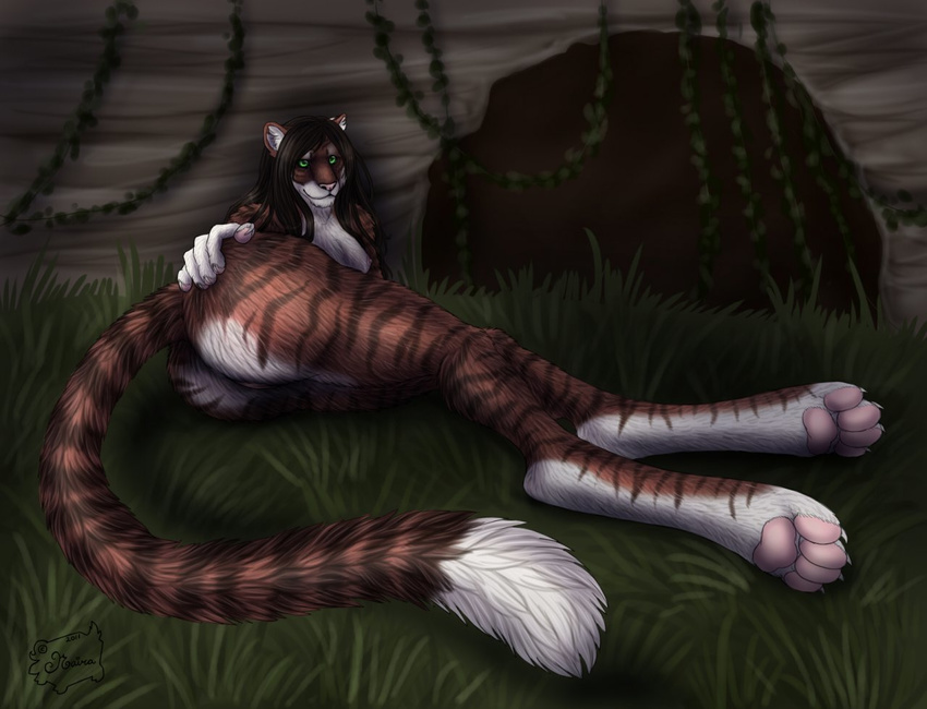anthro breasts butt cat cave feline female grass green_eyes hair hindpaw long_hair mammal naira nipples nude paws pinup pose pussy remmmy solo stripes tiger