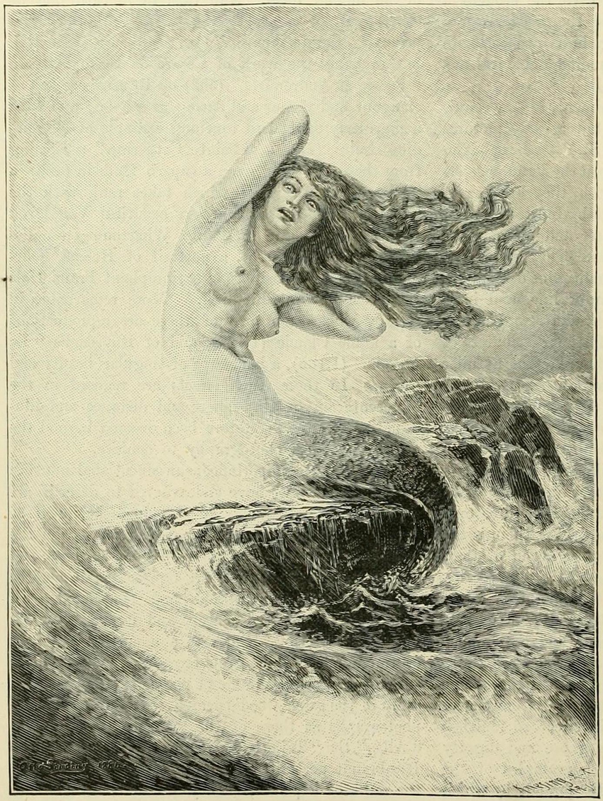 1883 breasts female hair illustration long_hair merfolk mermaid monochrome nipples ocean otto_sinding rock sea sepia water wave