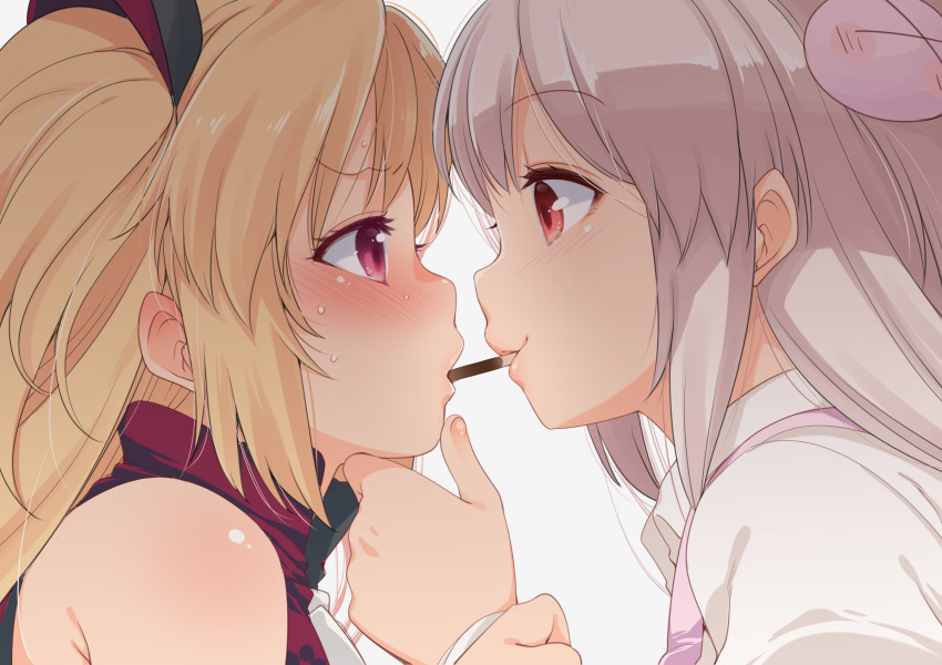 &gt;_&lt; 2girls akatsuki_yuni bangs blonde_hair blush bunny_hair_ornament chin_grab collared_shirt crossover eye_contact eyebrows_visible_through_hair fingernails food food_in_mouth fujisaki_hikari grey_background grey_hair hair_between_eyes hair_ornament highres long_hair looking_at_another multiple_girls natori_sana nose_blush pocky pocky_day pocky_kiss profile red_eyes sana_channel shared_food shirt simple_background sweat two_side_up uni_channel virtual_youtuber white_shirt yuri zipper_pull_tab