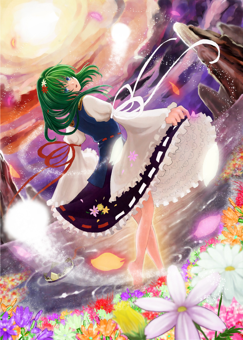 arm_garter bad_id bad_pixiv_id bangs bare_legs barefoot blue_eyes dancing field floating_hair flower flower_field frilled_skirt frills from_behind full_body gathers green_hair hair_flower hair_ornament hat hat_removed headwear_removed highres hitodama in_water juliet_sleeves light_particles long_hair long_sleeves looking_at_viewer looking_back medium_skirt open_mouth petals petticoat puffy_sleeves purple_skirt red_ribbon ribbon ribbon-trimmed_skirt ribbon_trim shiki_eiki skirt skirt_hold solo spider_lily touhou urabe_michiru water white_ribbon wide_sleeves