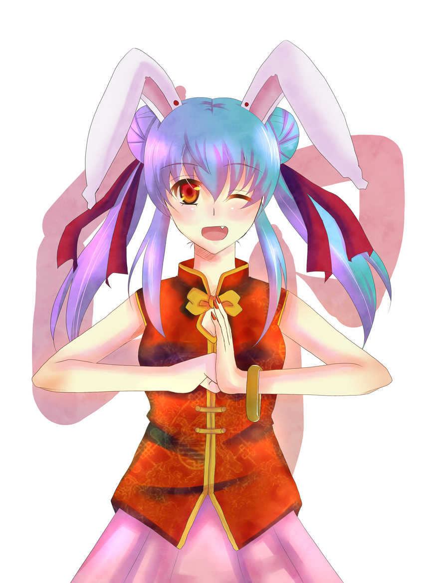 alternate_costume alternate_hairstyle animal_ears bad_id bad_pixiv_id bunny_ears chinese_clothes double_bun fang highres one_eye_closed pakapom palm-fist_greeting purple_hair red_eyes reisen_udongein_inaba solo touhou